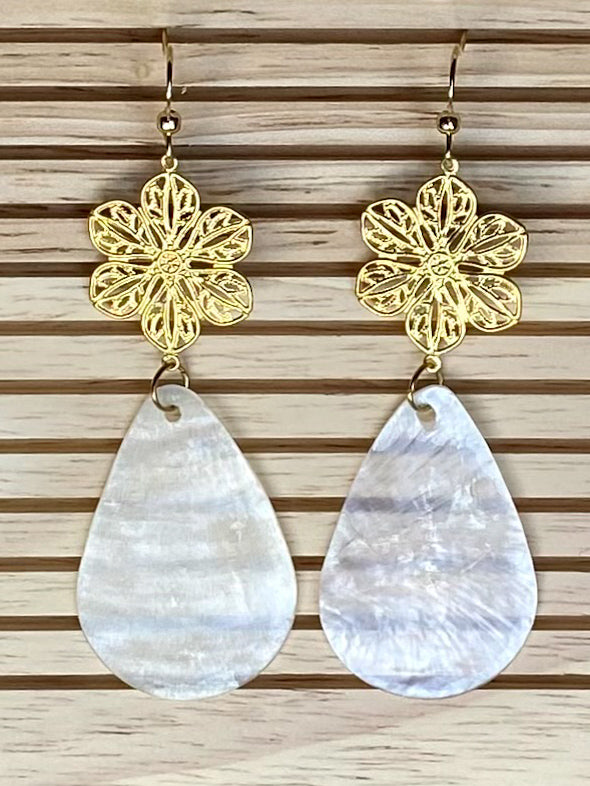 Teardrop Capiz Shell Earrings with Sampaguita filigree charm, delicate Filipino floral design with natural shell