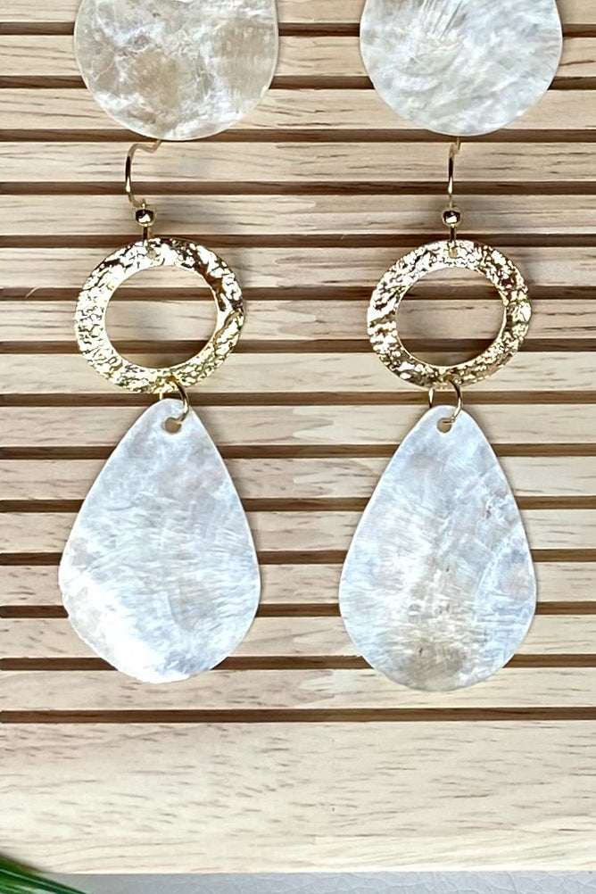Teardrop Capiz Shell Earrings with textured doughnut charm, boho chic shell earrings with metallic finish