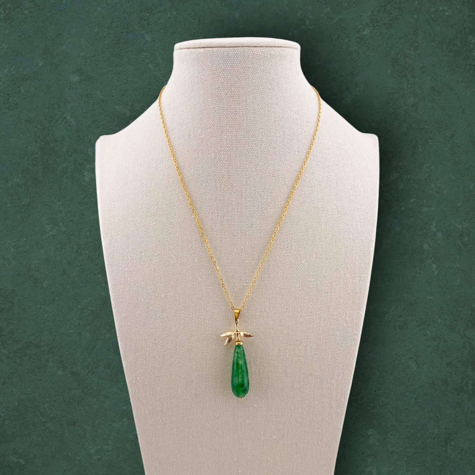 Teardrop dark green jade necklace with bamboo leaves charm in gold plated stainless steel, elegant natural gemstone jewellery
