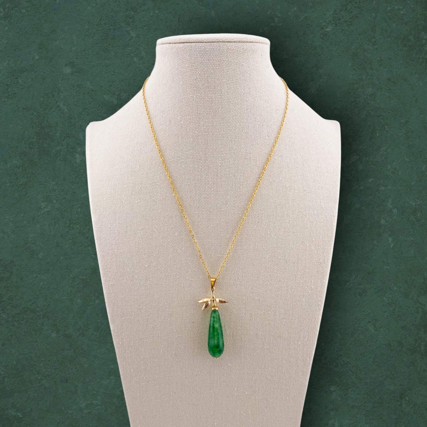 Teardrop Jade Necklace with Bamboo Leaves Charm